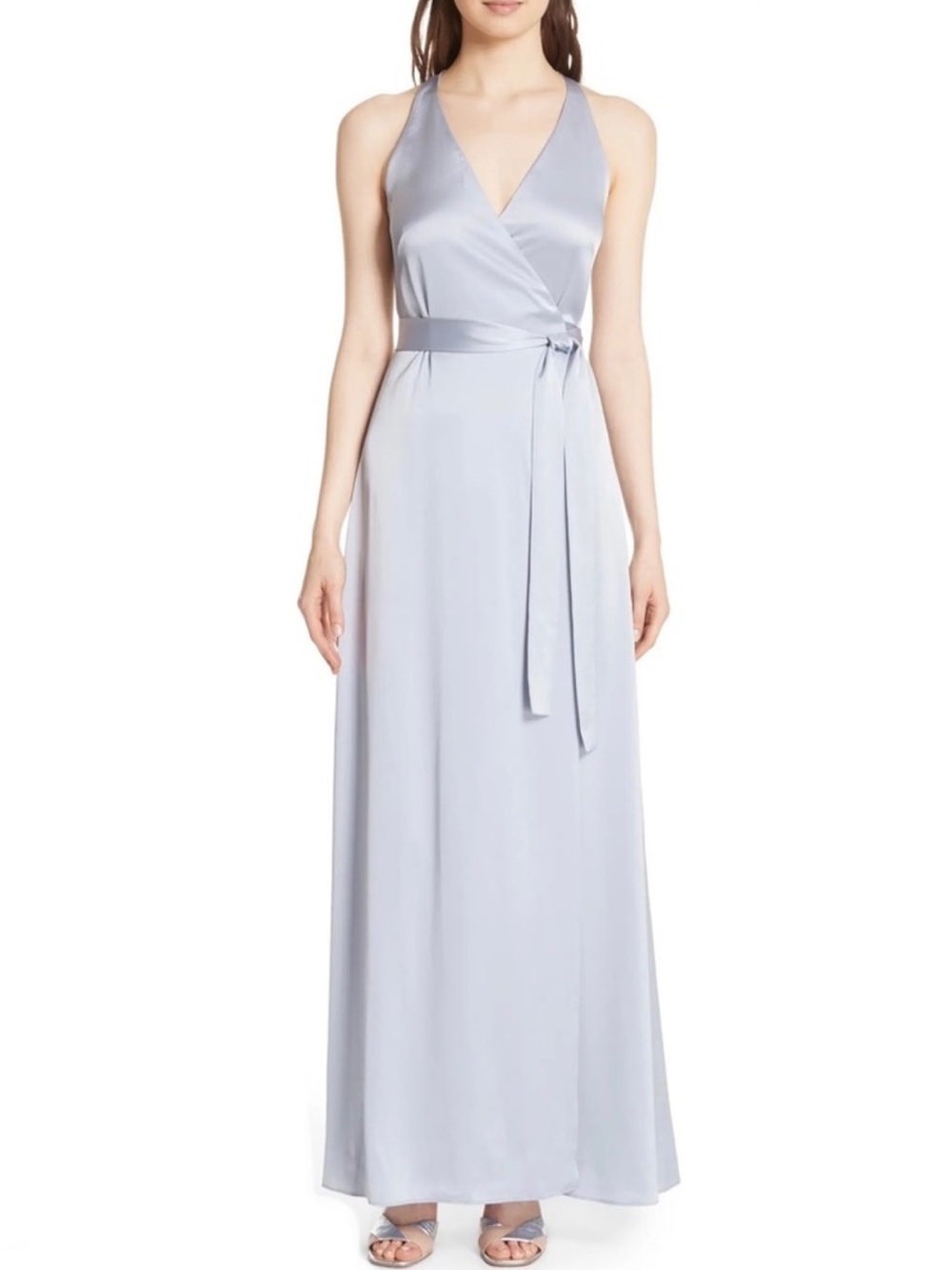 DIANE VON FURSTENBERG SILVER SATIN WRAP MAXI DRESS